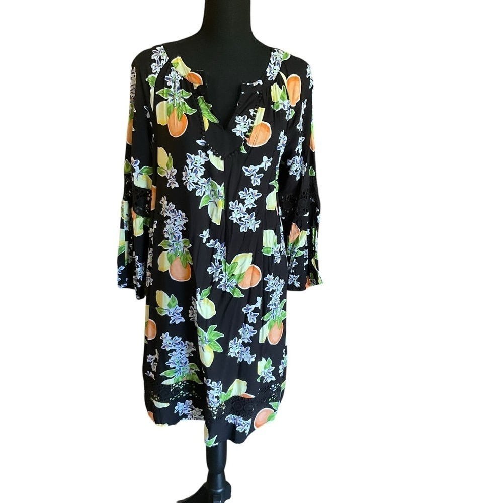 Citrus Squeeze Black Fruit Print Dress Size M NWT Belk $76